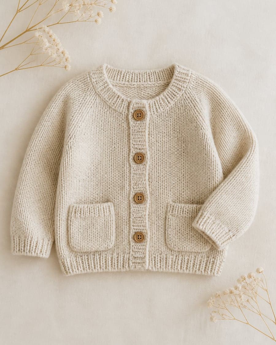Cream oatmeal knit cardigan with wood buttons and patch pockets
