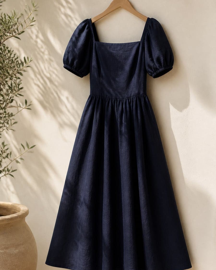 Navy linen midi dress with square neck and puff sleeves on a hanger